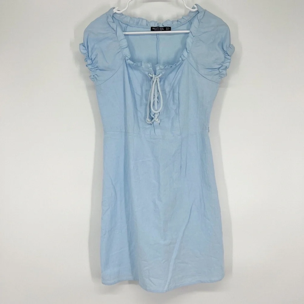 Nasty Gal Dress Chambray Lace Up Mini Short Sleeve - Picture 3 of 11